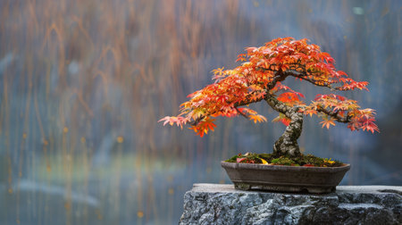 Bonsai tree in autumn colors with fiery red and orange leaves, displayed on a stone pedestal.の素材