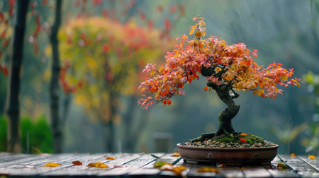 Bonsai tree with vibrant autumn leaves placed on a wooden deck with forest background.の素材