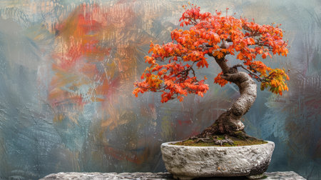 Bonsai tree in autumn colors with fiery red and orange leaves, displayed on a stone pedestal.の素材