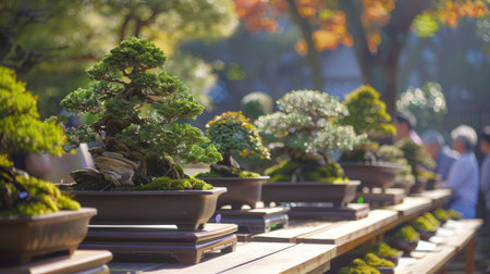 Artistic arrangement of bonsai trees on display at a bonsai exhibition or competition.の素材