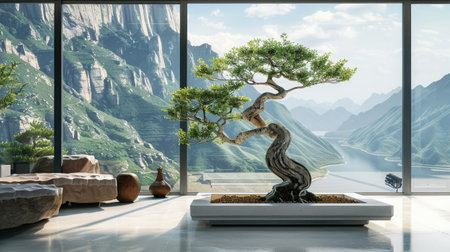 Bonsai tree in a modern interior setting, creating a harmonious blend of nature and architecture.の素材