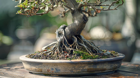 Close-up of a bonsai tree's intricate root structure displayed in a shallow ceramic pot on a wooden table.の素材