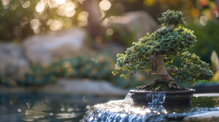 Bonsai tree with a modern twist, placed in a sleek, minimalist white pot on a glass table.の素材