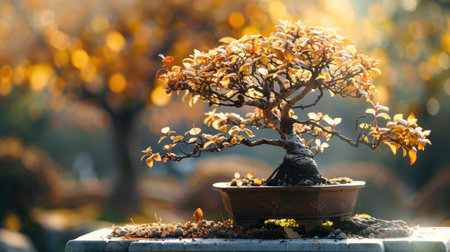Bonsai tree with golden leaves illuminated by warm autumn sunlight.の素材