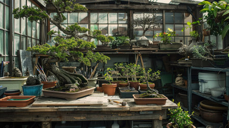 Bonsai enthusiast's workspace filled with tools, pots, and various bonsai trees in progress.の素材