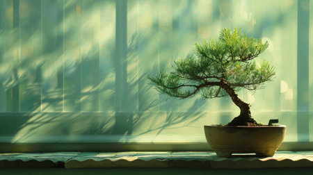 Bonsai tree illuminated by soft morning light, casting gentle shadows on the pot.の素材