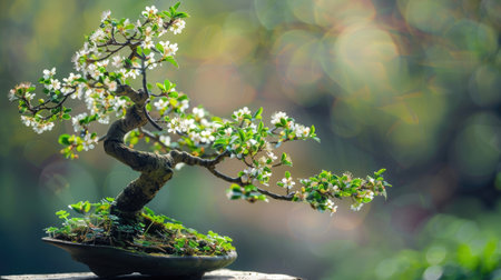 Bonsai tree in springtime with fresh green leaves and tiny white flowers blooming.の素材