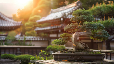 Bonsai tree with a backdrop of traditional Japanese architecture, creating a harmonious scene.の素材