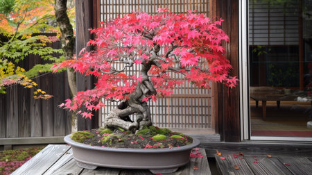 Elegant Japanese maple bonsai with red leaves in a traditional Japanese garden setting.の素材