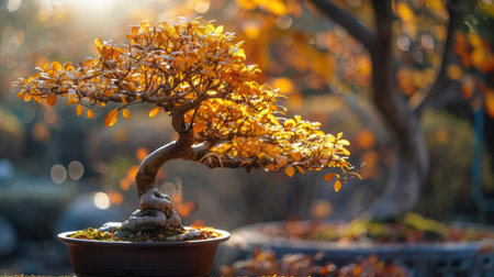 Bonsai tree with golden leaves illuminated by warm autumn sunlight.の素材