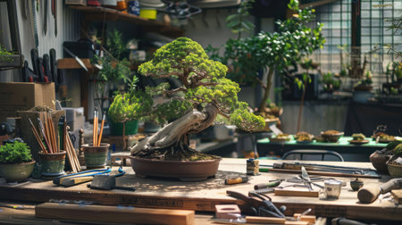Bonsai enthusiast's workspace filled with tools, pots, and various bonsai trees in progress.の素材