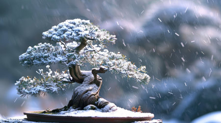 Bonsai tree with snow-covered branches, creating a peaceful winter scene.の素材