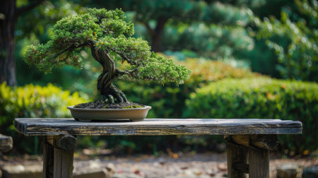 Bonsai tree placed on a wooden bench in a tranquil Japanese garden.の素材