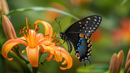 A butterfly delicately balanced on a vibrant orange lily, sipping nectar.の素材