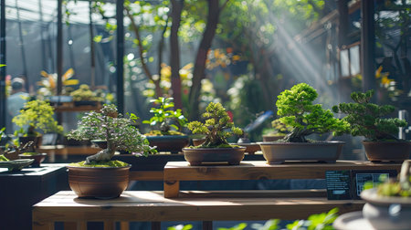 Artistic arrangement of bonsai trees on display at a bonsai exhibition or competition.の素材