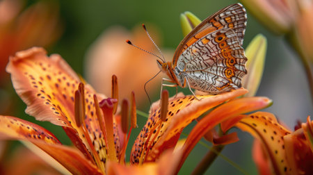A butterfly delicately balanced on a vibrant orange lily, sipping nectar.の素材