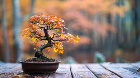 Bonsai tree with vibrant autumn leaves placed on a wooden deck with forest background.の素材