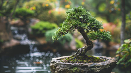 Bonsai tree with a modern twist, placed in a sleek, minimalist white pot on a glass table.の素材