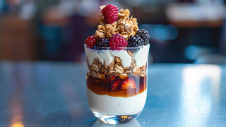 Yogurt parfait with layers of granola, mixed berries, and honey in a clear glass.の素材