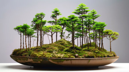 Miniature forest bonsai arrangement featuring multiple trees in a single large, flat pot.の素材