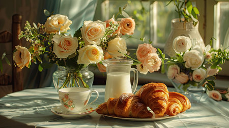 A breakfast table with a glass of milk, croissants, and a vase of fresh flowers.の素材