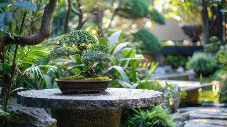 Tranquil outdoor setting with a bonsai tree on a stone table surrounded by lush greenery.の素材