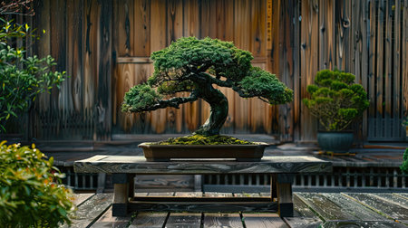 Bonsai tree placed on a wooden bench in a tranquil Japanese garden.の素材