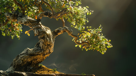 Side view of a bonsai tree with dramatic lighting highlighting the texture of the bark and leaves.の素材