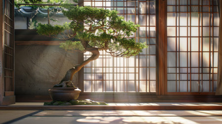 Bonsai tree with a backdrop of a traditional Japanese screen door and tatami mat flooring.の素材