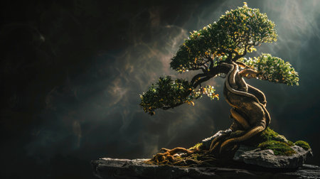 Side view of a bonsai tree with dramatic lighting highlighting the texture of the bark and leaves.の素材