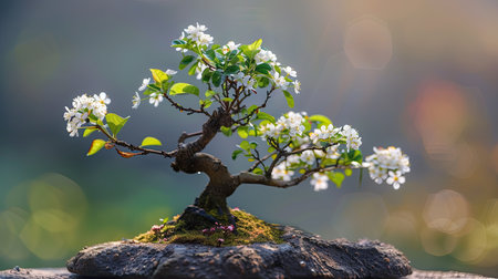 Bonsai tree in springtime with fresh green leaves and tiny white flowers blooming.の素材