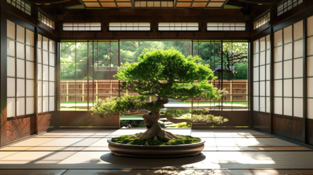 Elegant bonsai tree in a traditional Japanese tea room, creating a serene atmosphere.の素材