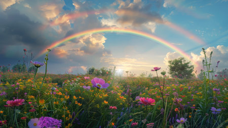 A beautiful rainbow over a field of wildflowers, enhancing the natural beauty of the scene.の素材