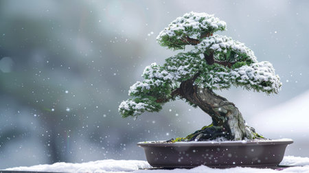 Bonsai tree with snow-covered branches, creating a peaceful winter scene.の素材