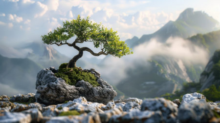 Bonsai tree with a dramatic mountain landscape in the background, creating a picturesque scene.の素材