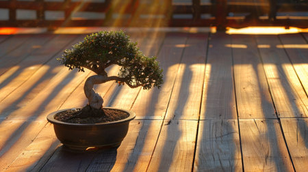 Dramatic sunset light casting long shadows on a bonsai tree placed on a wooden deck.の素材
