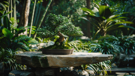 Tranquil outdoor setting with a bonsai tree on a stone table surrounded by lush greenery.の素材