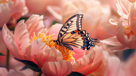 A butterfly on a pink peony, with the flower's large petals creating a beautiful perch.の素材