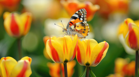 A butterfly on a yellow tulip, with the flower's vibrant color making the butterfly stand out.の素材