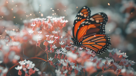 A butterfly drinking nectar from a cluster of tiny pink and white flowers.の素材