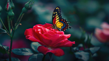 A butterfly on a red rose, with the flower's deep color making the butterfly stand out.の素材