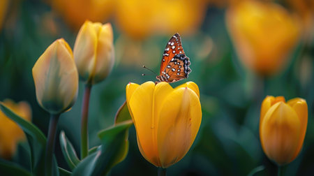 A butterfly on a yellow tulip, with the flower's vibrant color highlighting the butterfly's delicate wings.の素材