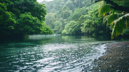 A lagoon with gentle waves lapping at the shore, surrounded by lush greenery.の素材