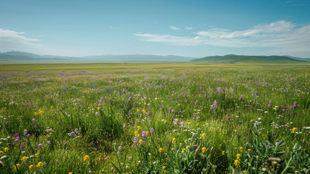 A lush green field dotted with wildflowers, stretching out to the horizon.の素材