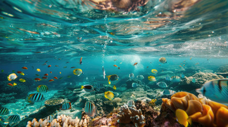 A lagoon with gentle waves and colorful fish visible just beneath the surface.の素材