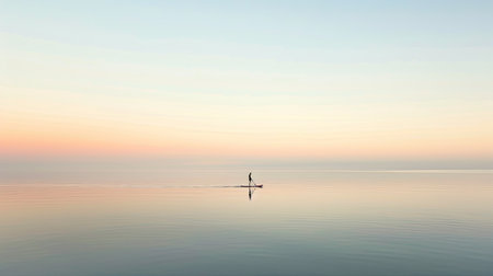 A lone paddleboarder navigating the still waters of a serene lagoon at sunrise.の素材