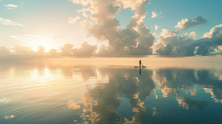 A lone paddleboarder navigating the still waters of a serene lagoon at sunrise.の素材