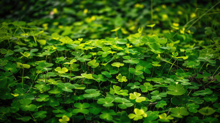 A lush field of green clover, creating a dense and vibrant ground cover.の素材