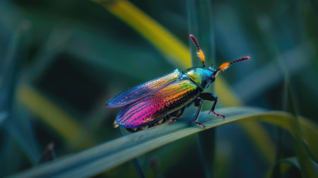 A macro shot of a beetle with iridescent wings climbing a blade of grass.の素材
