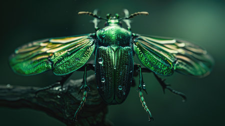 A macro shot of a beetle with bright green metallic wings.の素材
